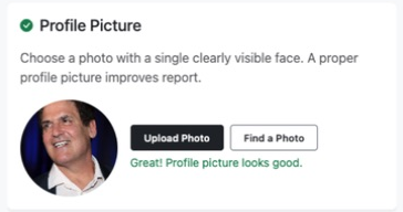 Profile Picture card with Upload Photo and Find a Photo buttons.