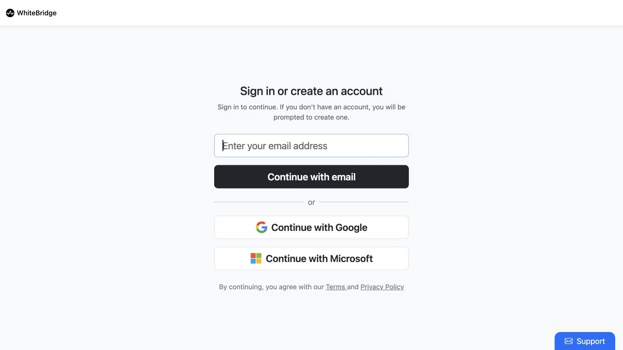 WhiteBridge sign-in screen showing email, Google and Microsoft options.